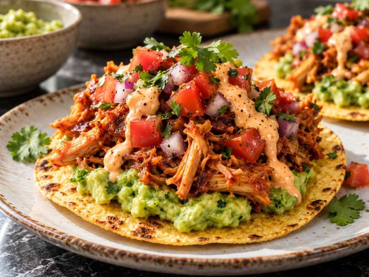 Nahaufnahme einer knusprigen Tostada mit Jackfrucht, Pico de Gallo, Avocadocreme und Sriracha-Mayo