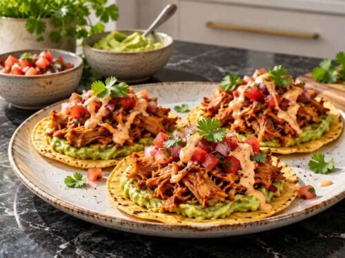 Tostadas mit Jackfrucht und Pico de Gallo mit Avocadocreme und Sriracha-Mayo auf einem gedeckten Tisch mit Schälchen zum Selbstbelegen