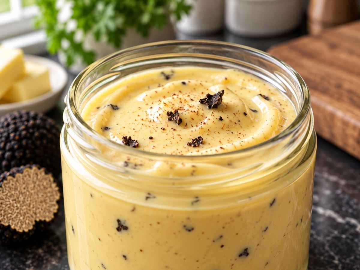 Trüffel-Hollandaise 2 Nahaufnahme der cremigen Trüffel-Hollandaise mit sichtbaren Trüffelstückchen
