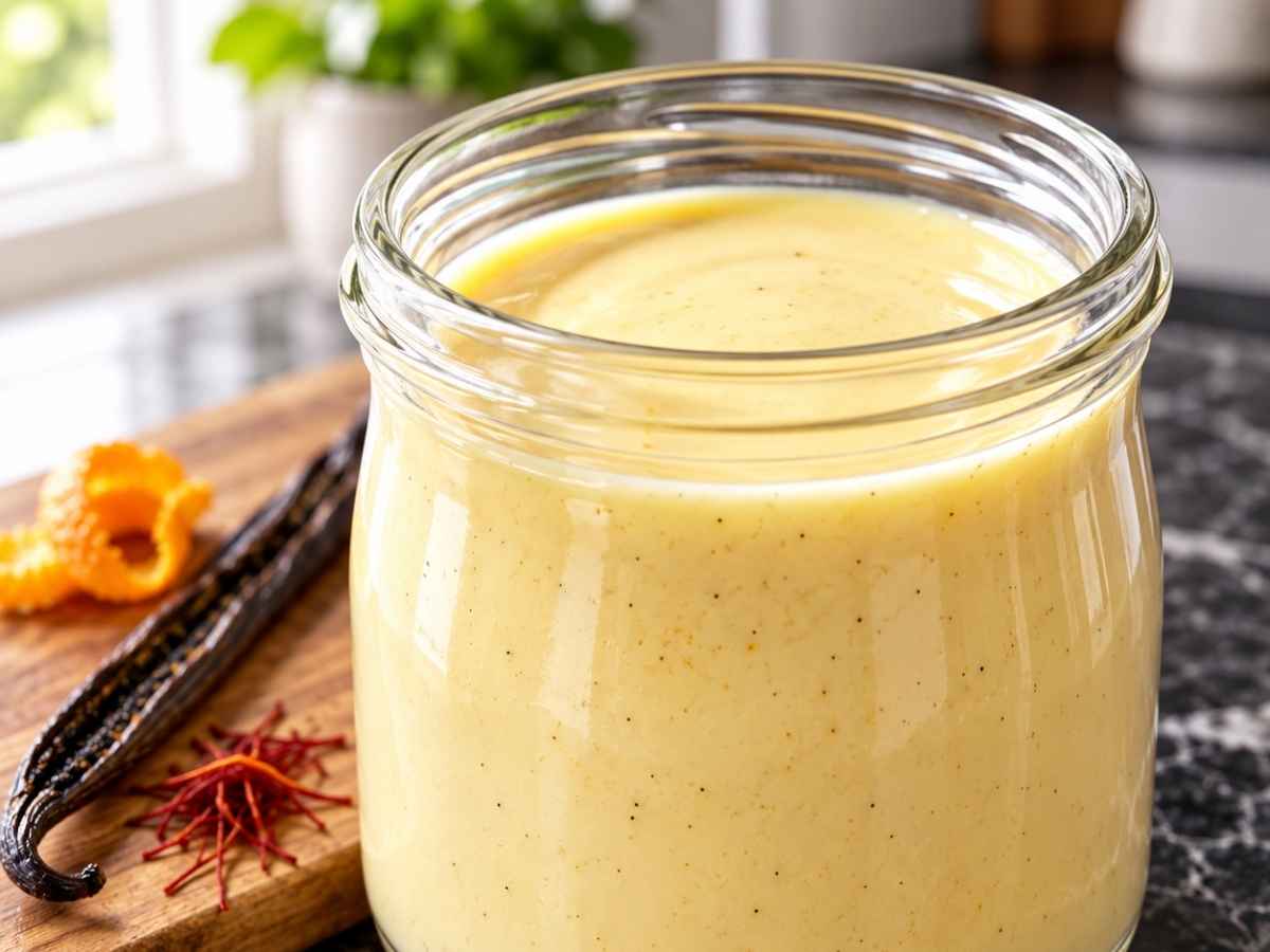 Nahaufnahme der cremigen Vanille-Safran-Sauce mit Safranfäden