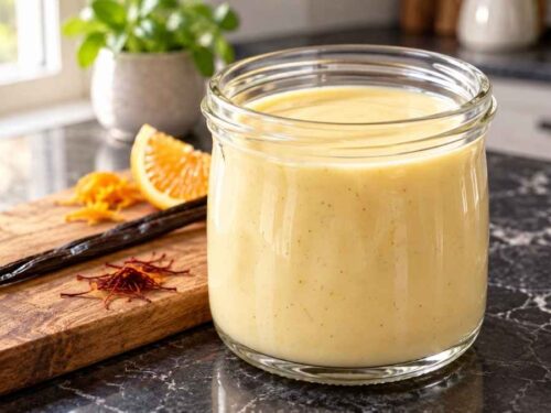 Vanille-Safran-Sauce in einer Schüssel, serviert zu Gugelhupf
