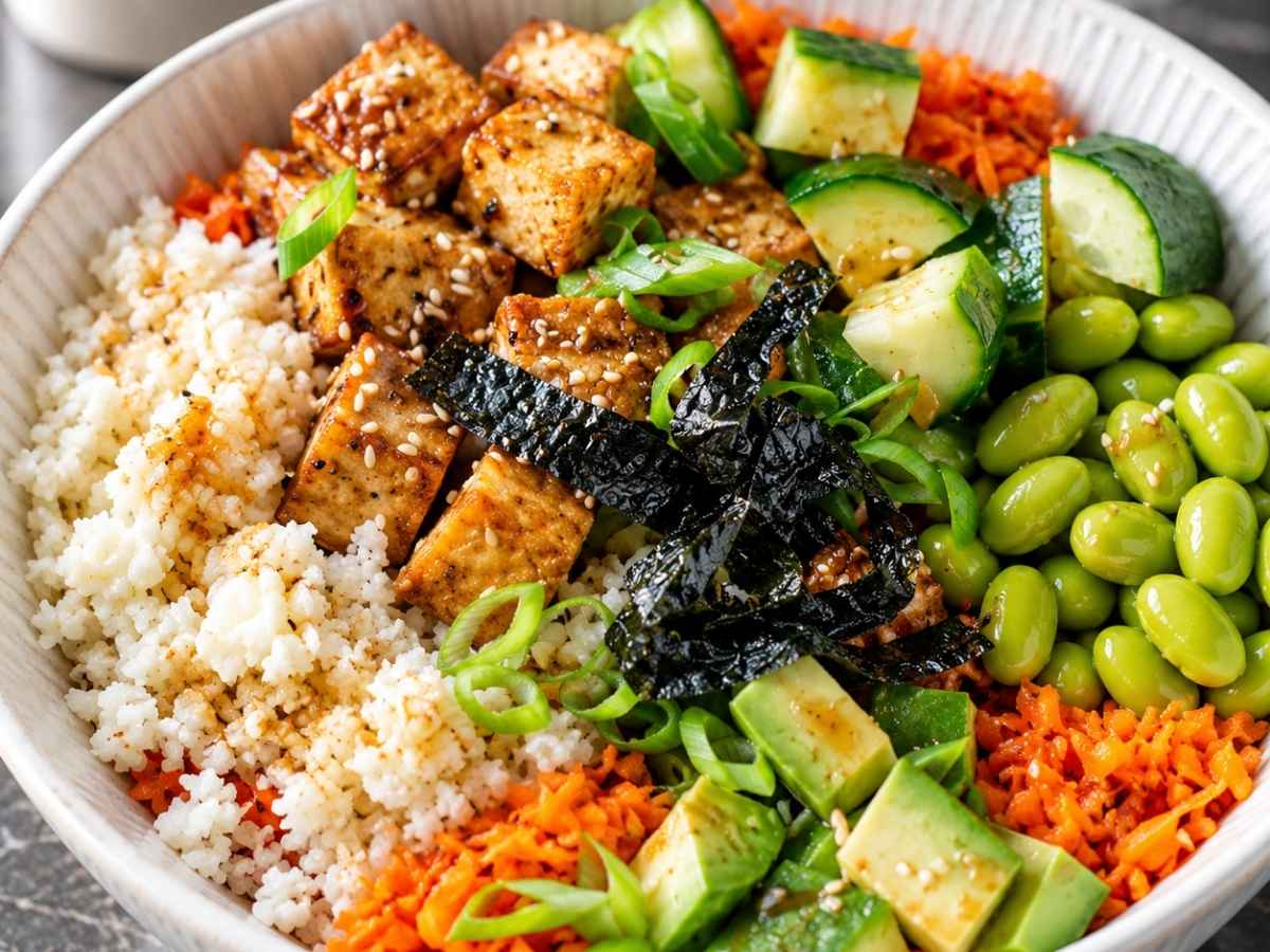 Nahaufnahme von knusprigem Sesam-Tofu auf Blumenkohlreis in der veganen Asia-Bowl