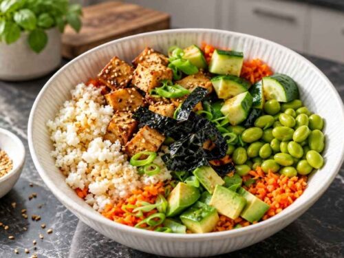 Vier Schüsseln mit veganer Asia-Bowl, Blumenkohlreis, Tofu und Wasabi-Dressing