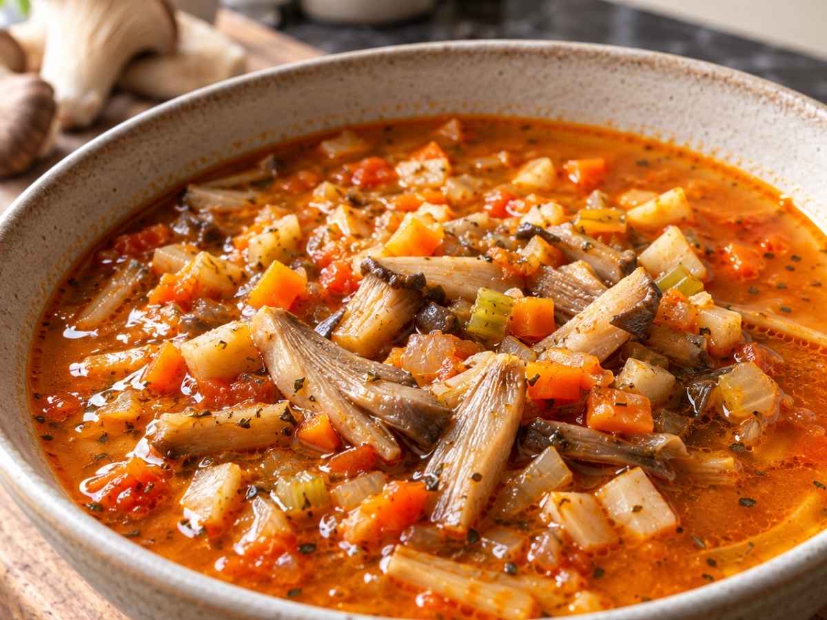 Vegane Austernpilzsuppe 2 Nahaufnahme einer veganen Austernpilzsuppe im Teller mit Pilzstreifen, Möhrenwürfeln und Paprika in der Brühe