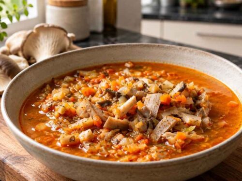 Vegane Austernpilzsuppe mit Möhren und Sellerie in einem großen Topf, daneben Bauernbrot und Majoran