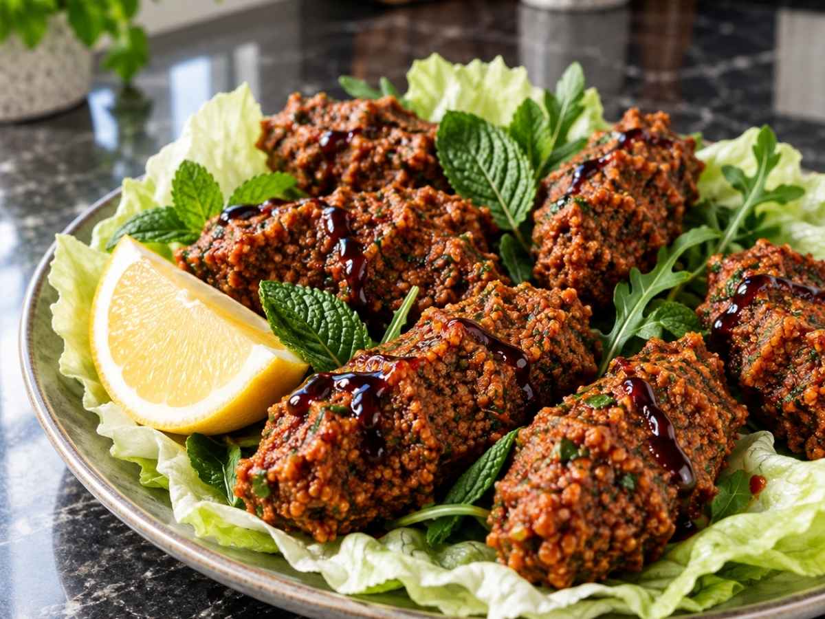 Vegane Köfte 2 Nahaufnahme einer veganen Köfte aus Bulgur mit Granatapfelsirup beträufelt
