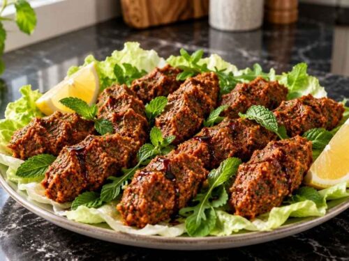 Vegane Köfte aus Bulgur, angerichtet mit Eisbergsalat, Minze und Zitronenspalten