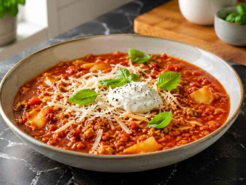 Vegane Lasagne-Suppe mit Basilikum und veganem Käse in tiefen Tellern