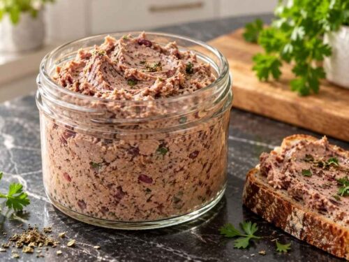 Vegane Leberwurst-Alternative aus Räuchertofu und Kidneybohnen, cremig angerichtet neben Roggenbrot