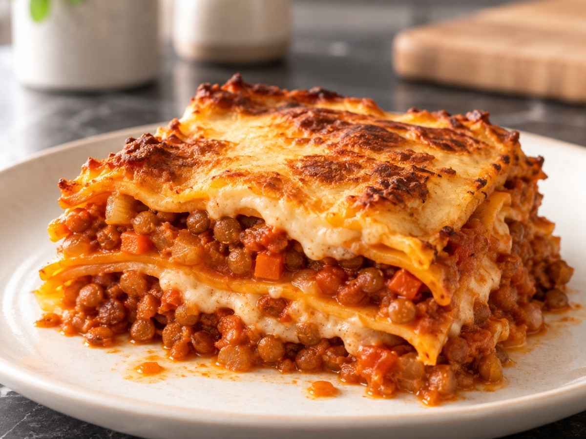 Vegane Linsen-Lasagne 2 Angeschnittene vegane Linsen-Lasagne mit sichtbaren Schichten aus Nudelplatten, Linsensauce und Béchamel