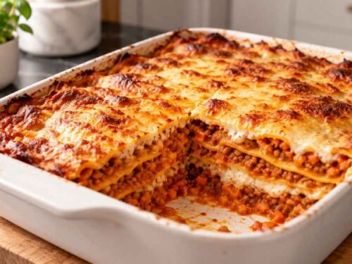 Vegane Linsen-Lasagne mit selbstgemachten Nudelplatten in der Auflaufform, frisch aus dem Ofen