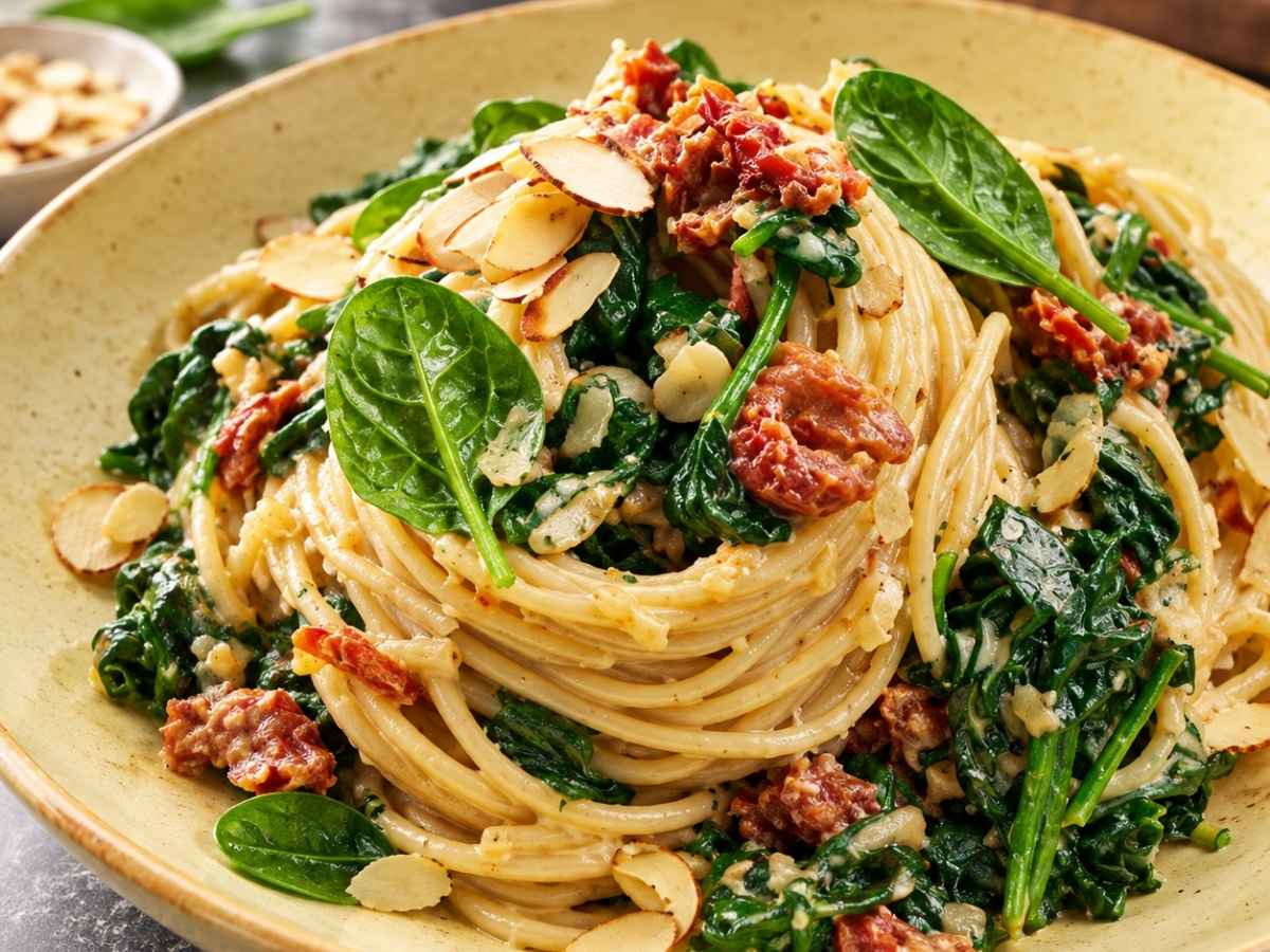 Nahaufnahme der cremigen Sauce aus Mandelmus und Spinat auf der veganen Pasta