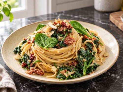 Vegane Mandel-Pasta mit Spinat auf einem Teller, mit gerösteten Mandeln bestreut
