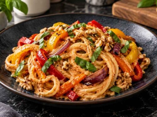 Vegane Pasta mit Gemüse und Tomaten-Walnuss-Pesto, weiß angerichtet mit frischem Basilikum