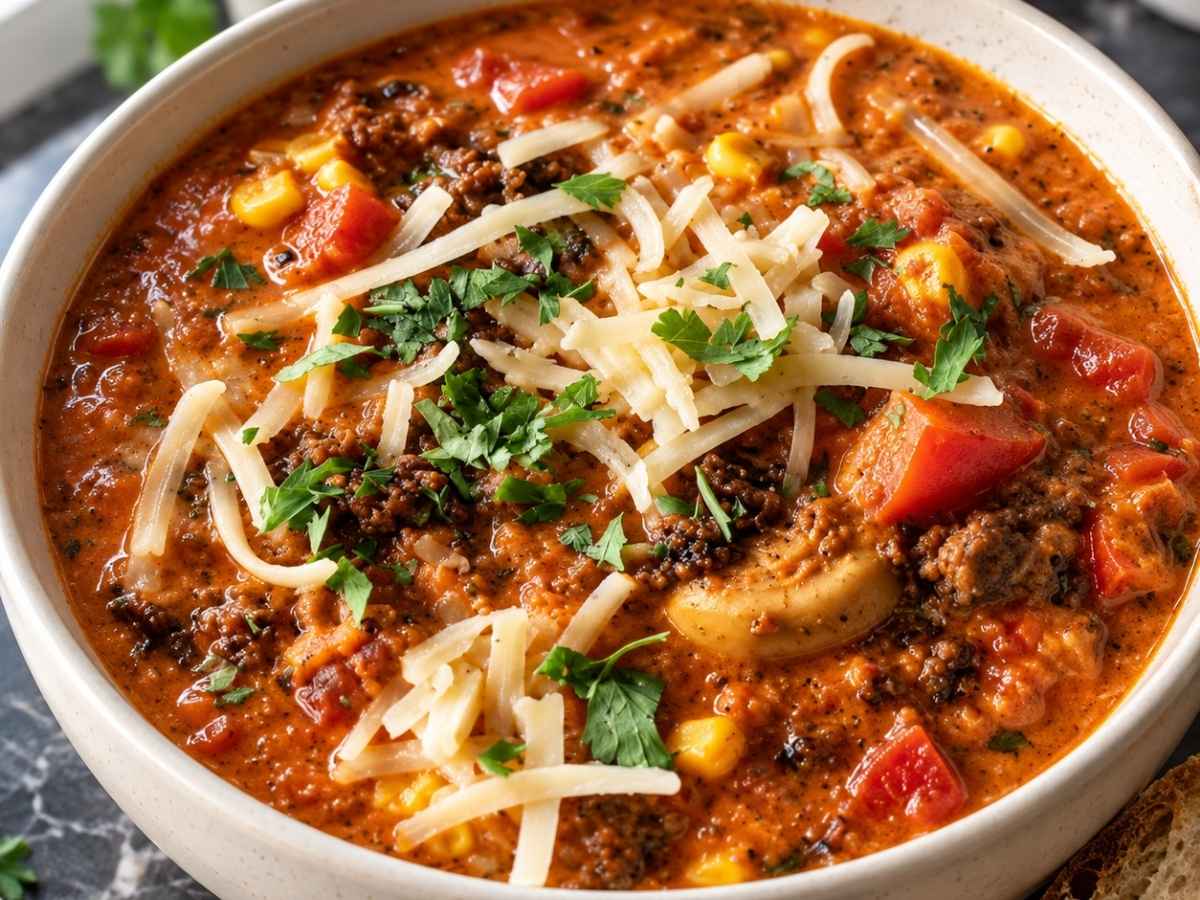 Nahaufnahme vegane Pizzasuppe mit Paprikawürfeln, Mais, Champignons und knusprigem veganem Hack