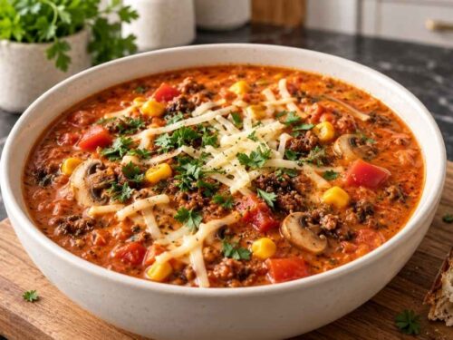 Vegane Pizzasuppe in einem großen Topf, daneben Schüsseln mit veganem Hack, geriebener Käse-Alternative und Petersilie