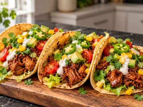 Vegane Tacos mit Pulled Jackfruit, Avocado und frischem Gemüse