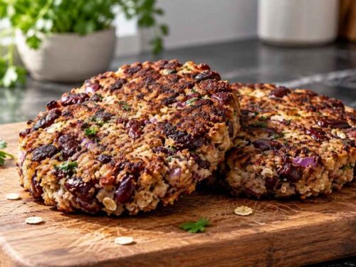 Veganer Bohnen-Burger im Brötchen mit Salat, Gurke und Rote Bete