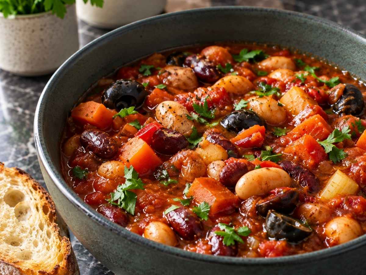 Nahaufnahme von veganem Bohnen-Eintopf mit Kidneybohnen, Möhren und Paprikawürfeln