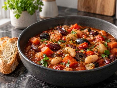 Veganer Bohnen-Eintopf mit drei Bohnensorten, Paprika und Oliven in einem Topf