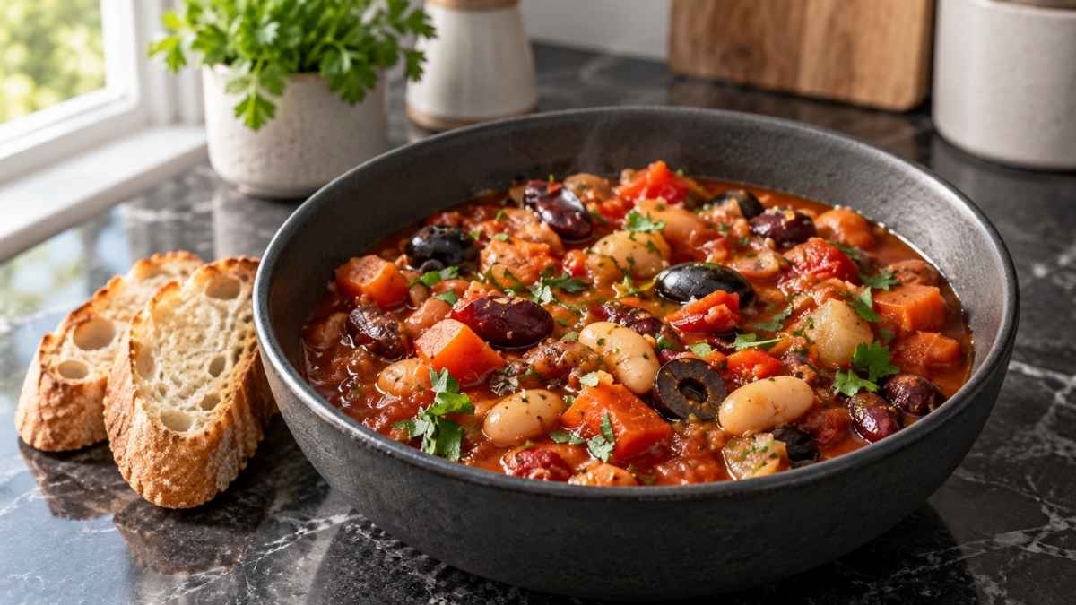 Veganer Bohnen-Eintopf mit drei Bohnensorten, Paprika und Oliven in einem Topf