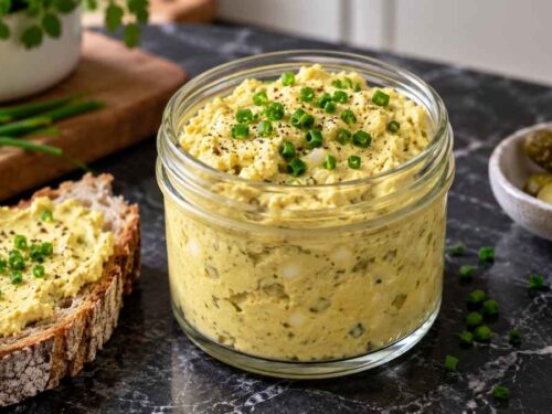 Veganer Eiaufstrich aus Tofu und Kala Namak in einer Schüssel neben getoastetem Brot