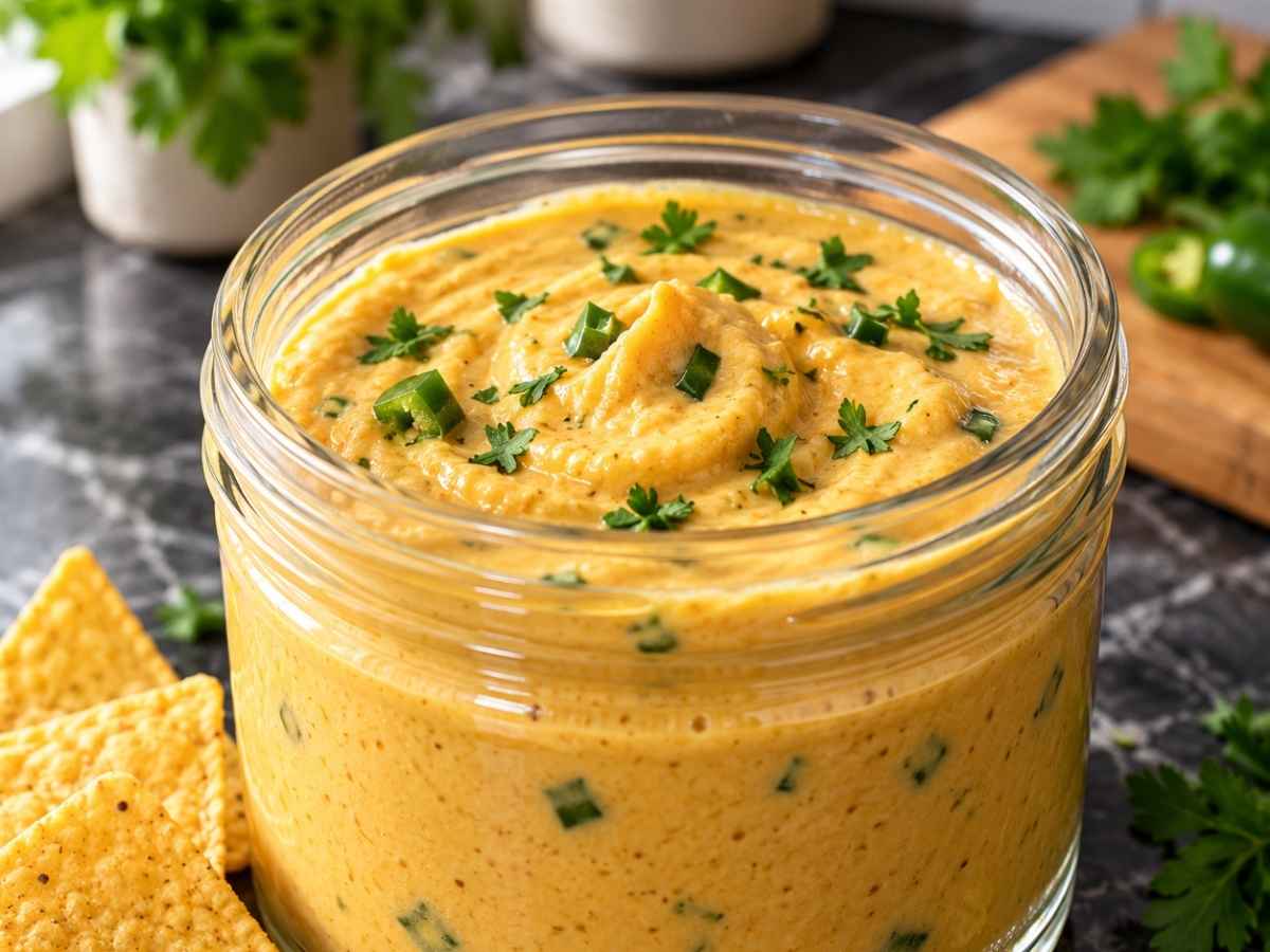 Nahaufnahme der cremigen Textur vom veganen Käse-Dip mit Jalapeño-Stückchen