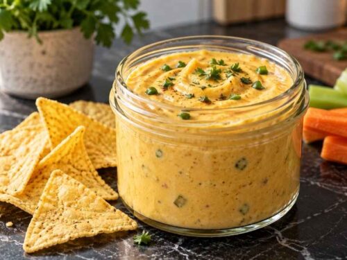 Cremiger veganer Käse-Dip mit Petersilie bestreut in einer Servierschüssel