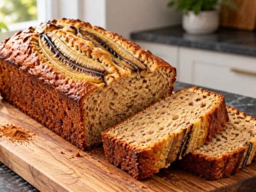 Veganes Bananenbrot, frisch gebacken, ganz auf einem Kuchengitter