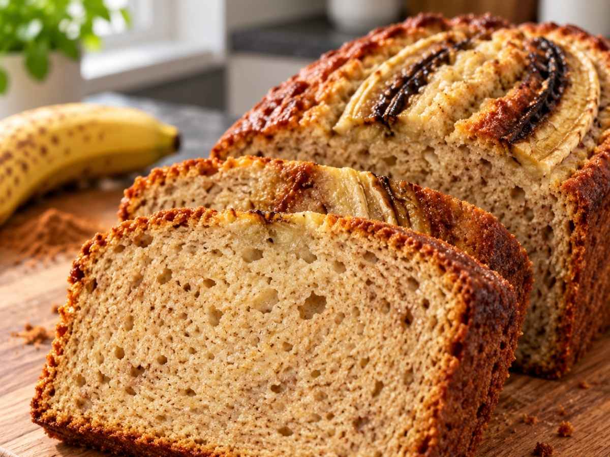 Aufgeschnittenes veganes Bananenbrot, saftige Krume sichtbar