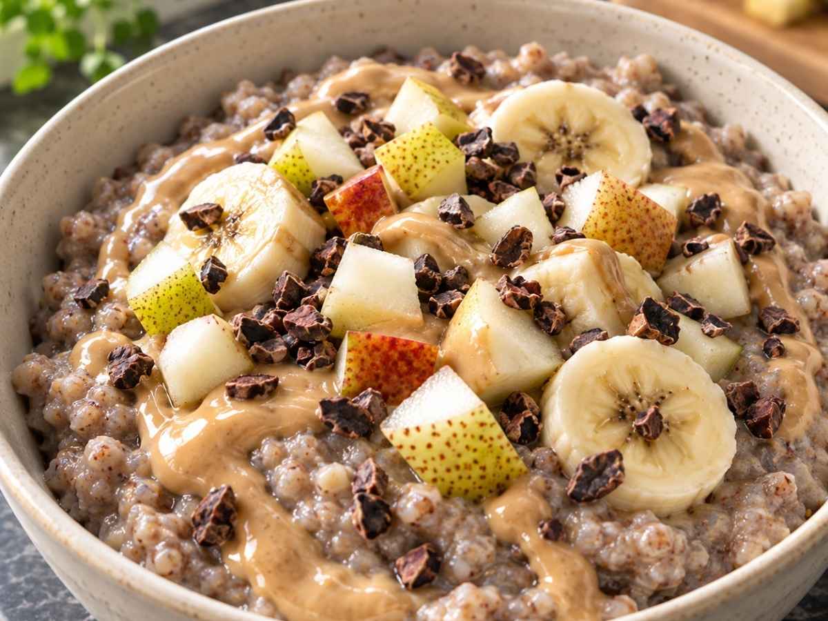 Nahaufnahme von veganem Buchweizen-Porridge mit Mandelmus, Birnen und Kakaonibs