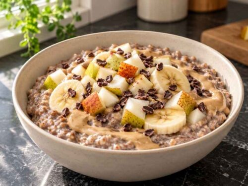 Veganes Buchweizen-Porridge mit Mandelmus, Birnen und Kakaonibs Veganes Buchweizen-Porridge mit Mandelmus, Birnen und Kakaonibs in Schälchen auf dem Frühstückstisch