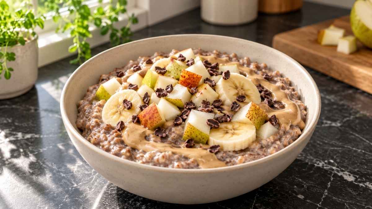 Veganes Buchweizen-Porridge mit Mandelmus, Birnen und Kakaonibs in Schälchen auf dem Frühstückstisch