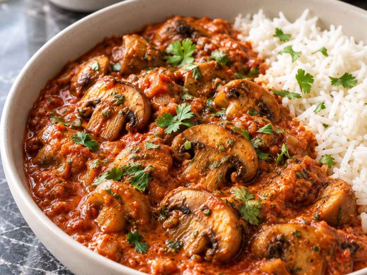 Nahaufnahme von goldbraunen Champignons in würziger Tomatensoße, veganes Champignon-Masala mit gehacktem Koriander