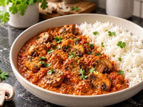 Veganes Champignon-Masala in einer Schüssel mit Basmatireis und frischem Koriander auf dem Küchentisch