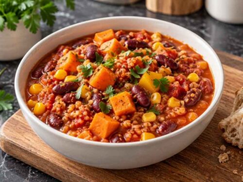Veganes Süßkartoffel-Grünkern-Chili in einem großen Topf mit Kidneybohnen und Mais