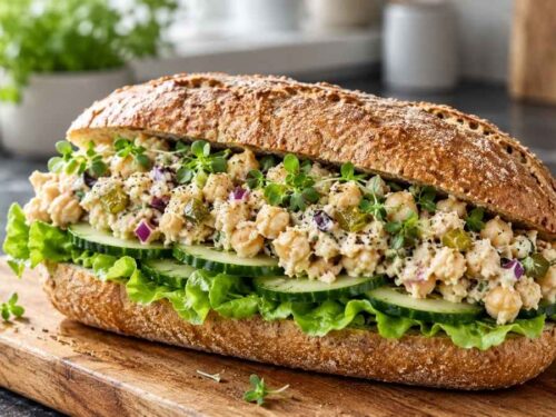Veganes Thunfisch-Baguette mit Kichererbsen-Creme, Salat und Gurke