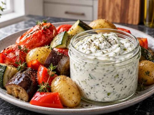 Veganes Zaziki mit Dampfgemüse, Kartoffeln und Tomaten auf einem Teller angerichtet