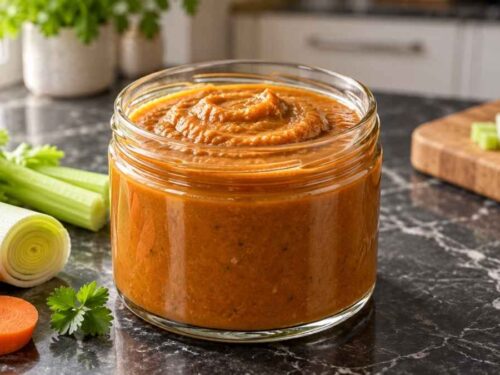 Vegetarische Bratensauce cremig in einem Topf mit Schöpfkelle