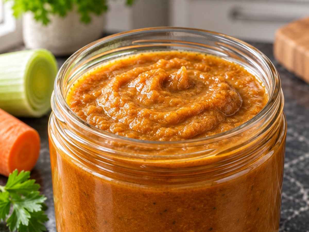 Nahaufnahme vegetarische Bratensauce über cremigem Kartoffelpüree