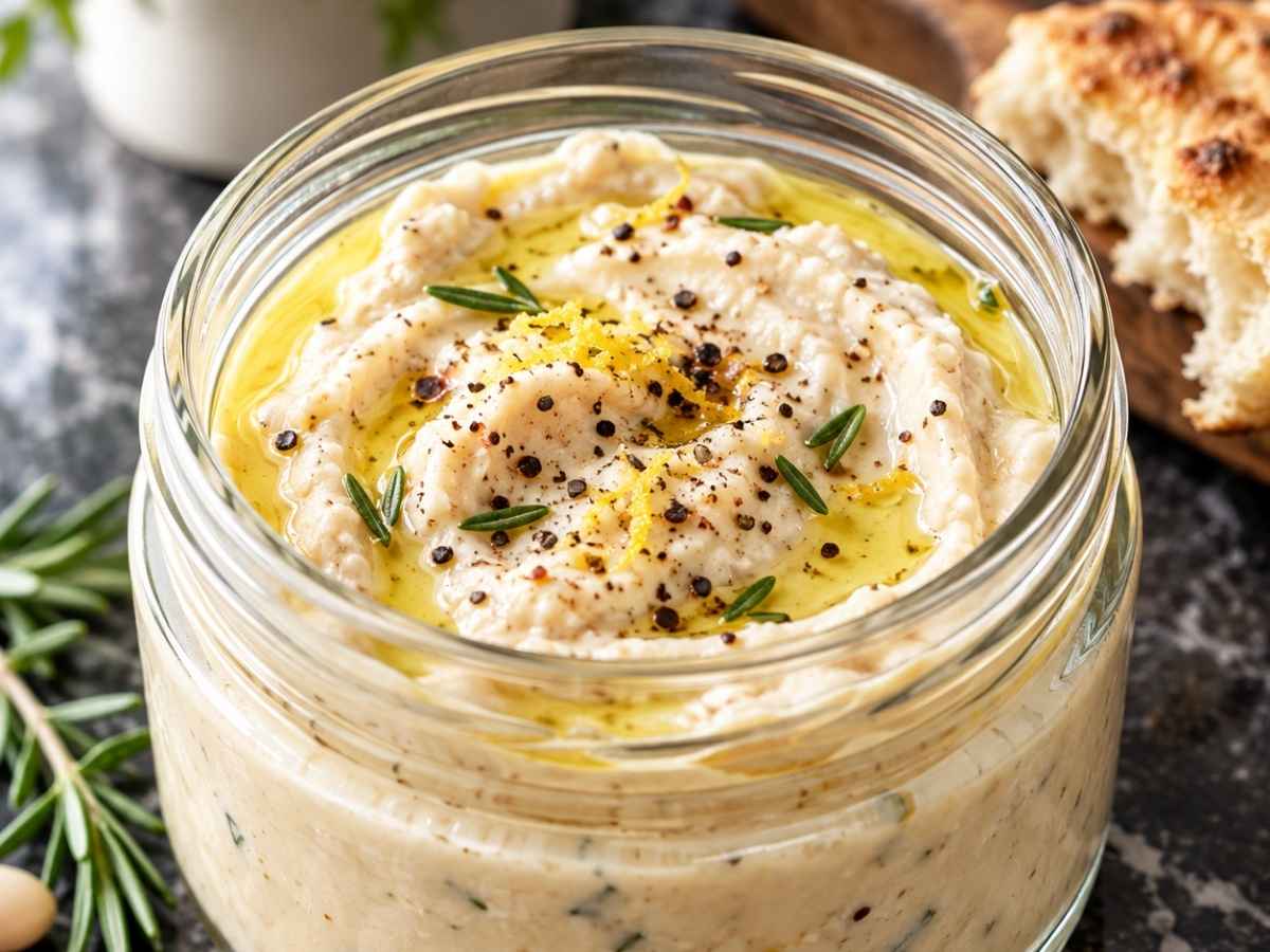 Nahaufnahme von cremigem Weiße-Bohnen-Dip mit Olivenöl, Rosmarinnadeln und Zitronenschale