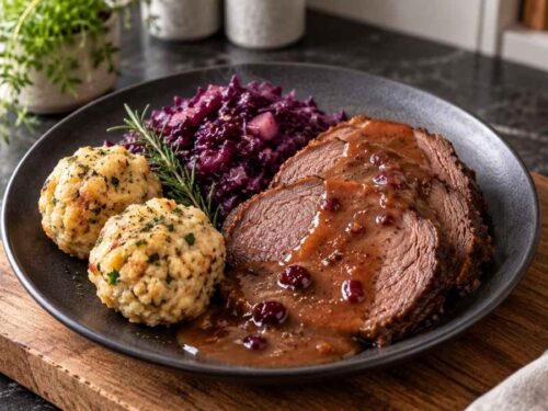 Wildschweinbraten mit Knödeln und Rotkohl, aufgeschnitten und angerichtet