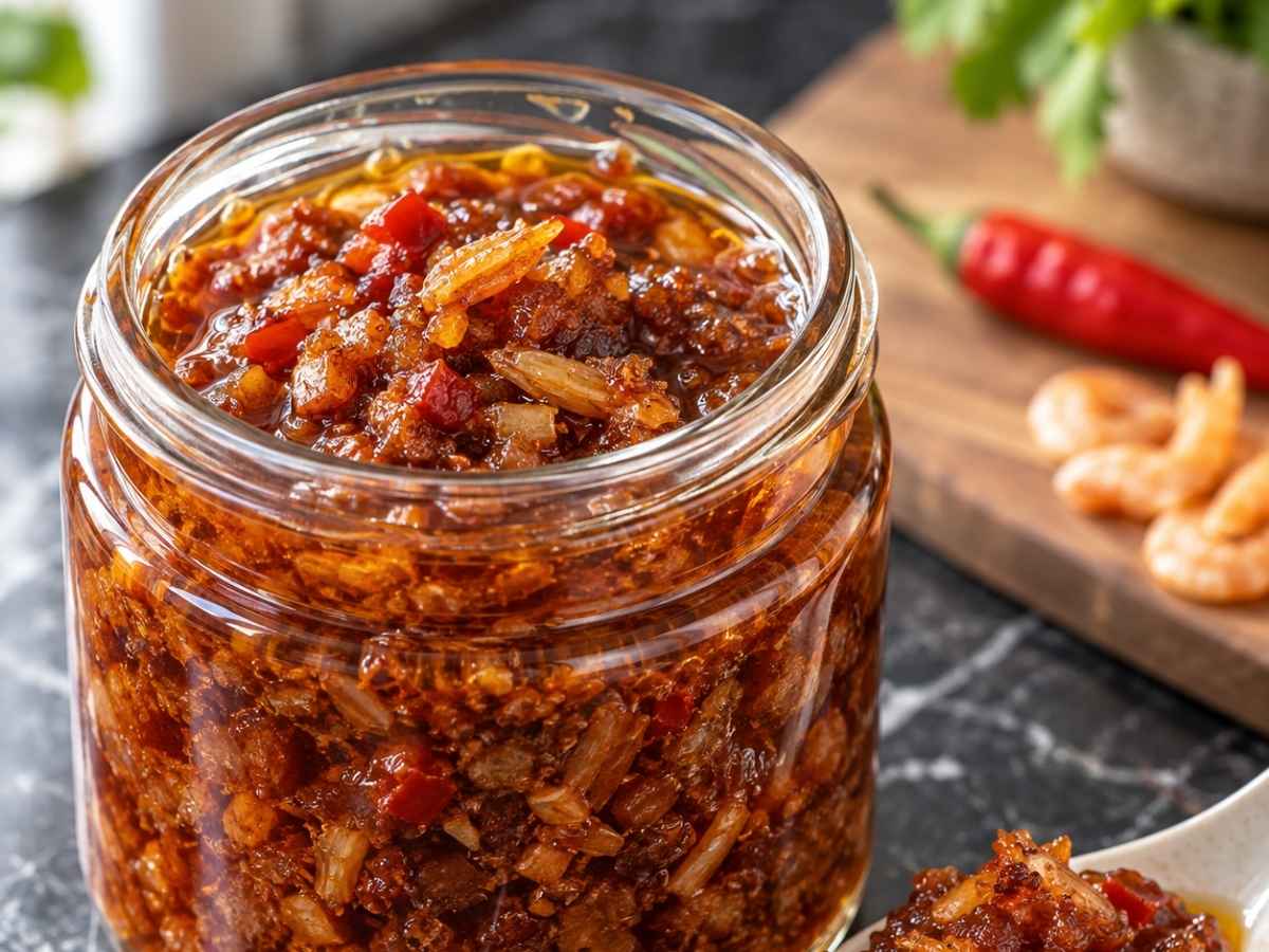 Nahaufnahme von XO-Sauce auf einem Löffel mit zerzupften Jakobsmuscheln, Shrimps und rötlich schimmerndem Öl