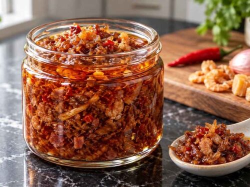 XO-Sauce Selbstgemachte XO-Sauce in fünf Schraubgläsern auf dem Küchentisch, daneben eine Schüssel gebratener Reis mit Spiegelei