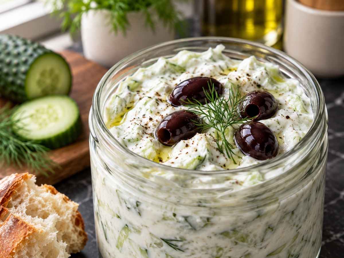 Nahaufnahme von cremigem Zaziki mit Gurkenstückchen und Olivengarnitur