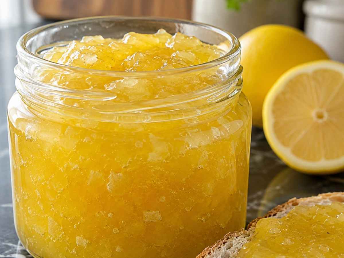 Zitronen-Marmelade cremig auf einer Scheibe Brot verstrichen
