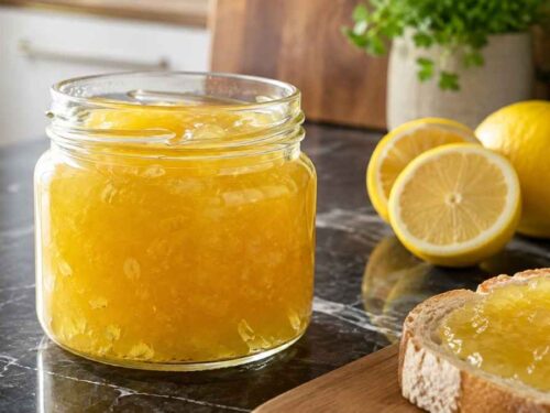 Zitronen-Marmelade in zwei Schraubgläsern, frisch abgefüllt