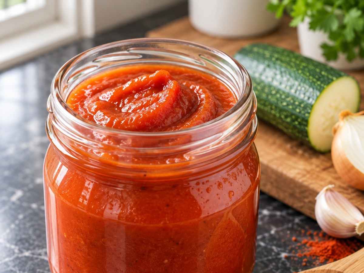 Cremiger Zucchini-Ketchup in Nahaufnahme auf einem Löffel