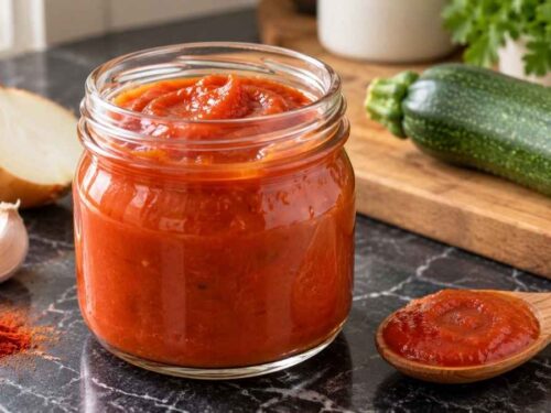 Selbstgemachter Zucchini-Ketchup in mehreren Schraubgläsern