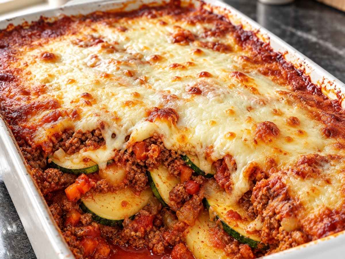Nahaufnahme einer Portion Zucchini-Knödel-Lasagne mit Knödelscheiben, Zucchini und Hackfleischsoße unter geschmolzenem Käse